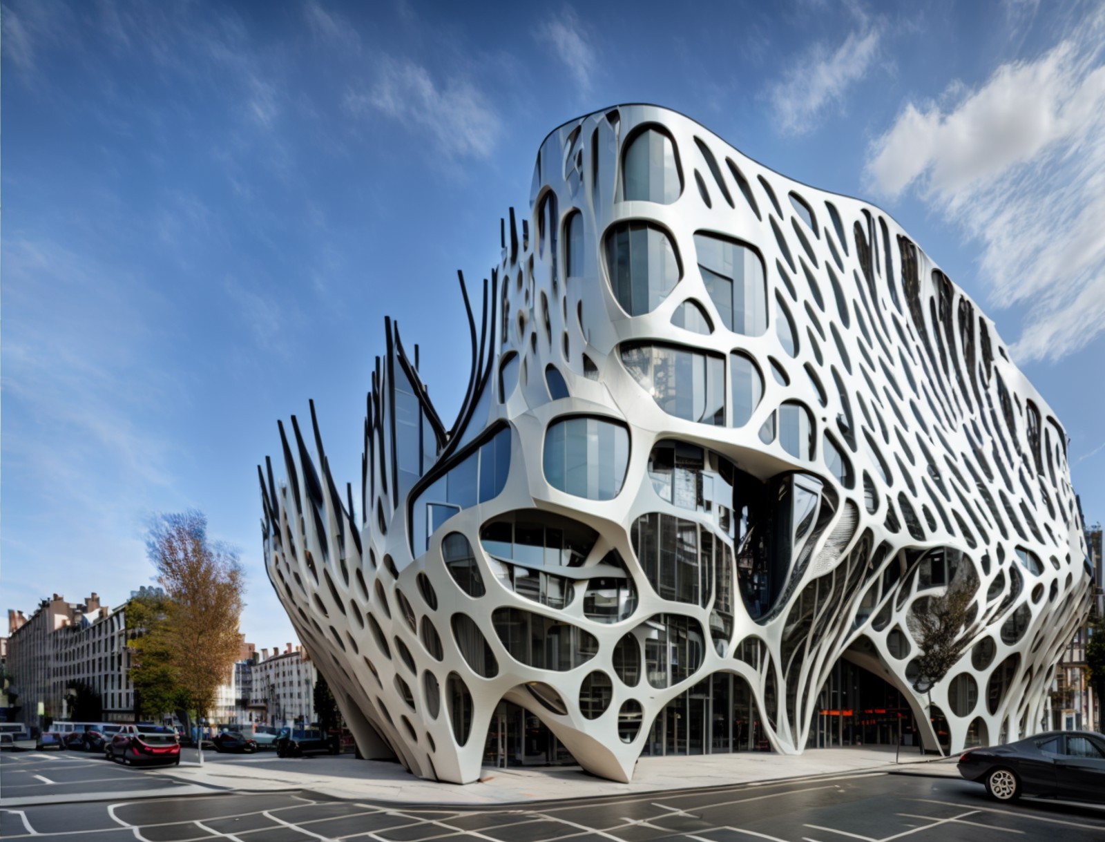 03939-3263699454-a photo of a parametric building  midjourneyi, with a facade made of metal scales, roots, veins, many windows, in a street.png